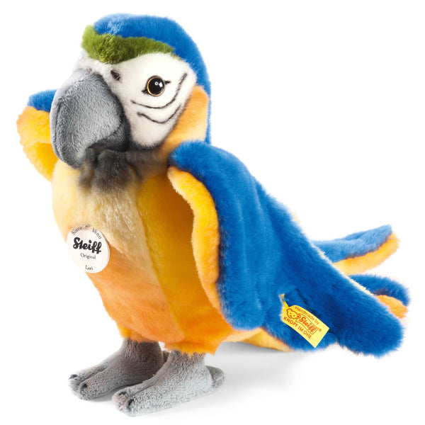 Lori Papegoja 26cm / Papegoja 26 cm i blått och gult från Tyska Steiff - CE-MÄRKT - Knopf im Ohr