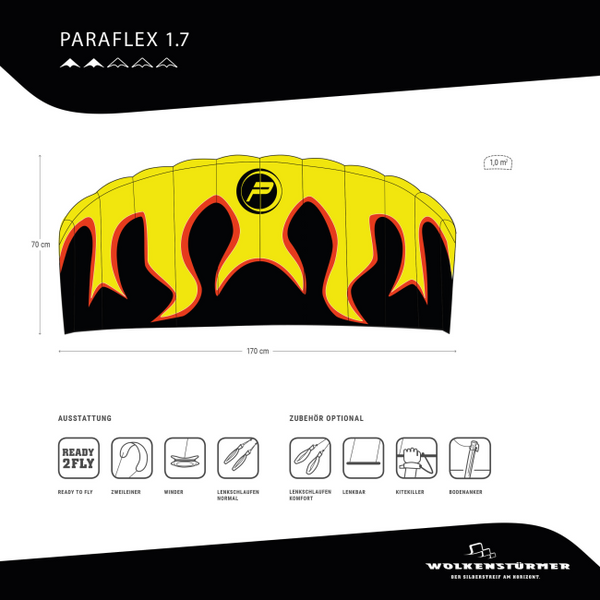 Flame Paraflex 1,7m gul Drake med orange flammor av kitingtyp från Tyskas Wolkenstürmer