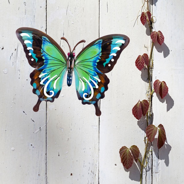 Metall VäggDekoration med Turkos 27cm fjäril. Décor Butterfly Wall Decoration.